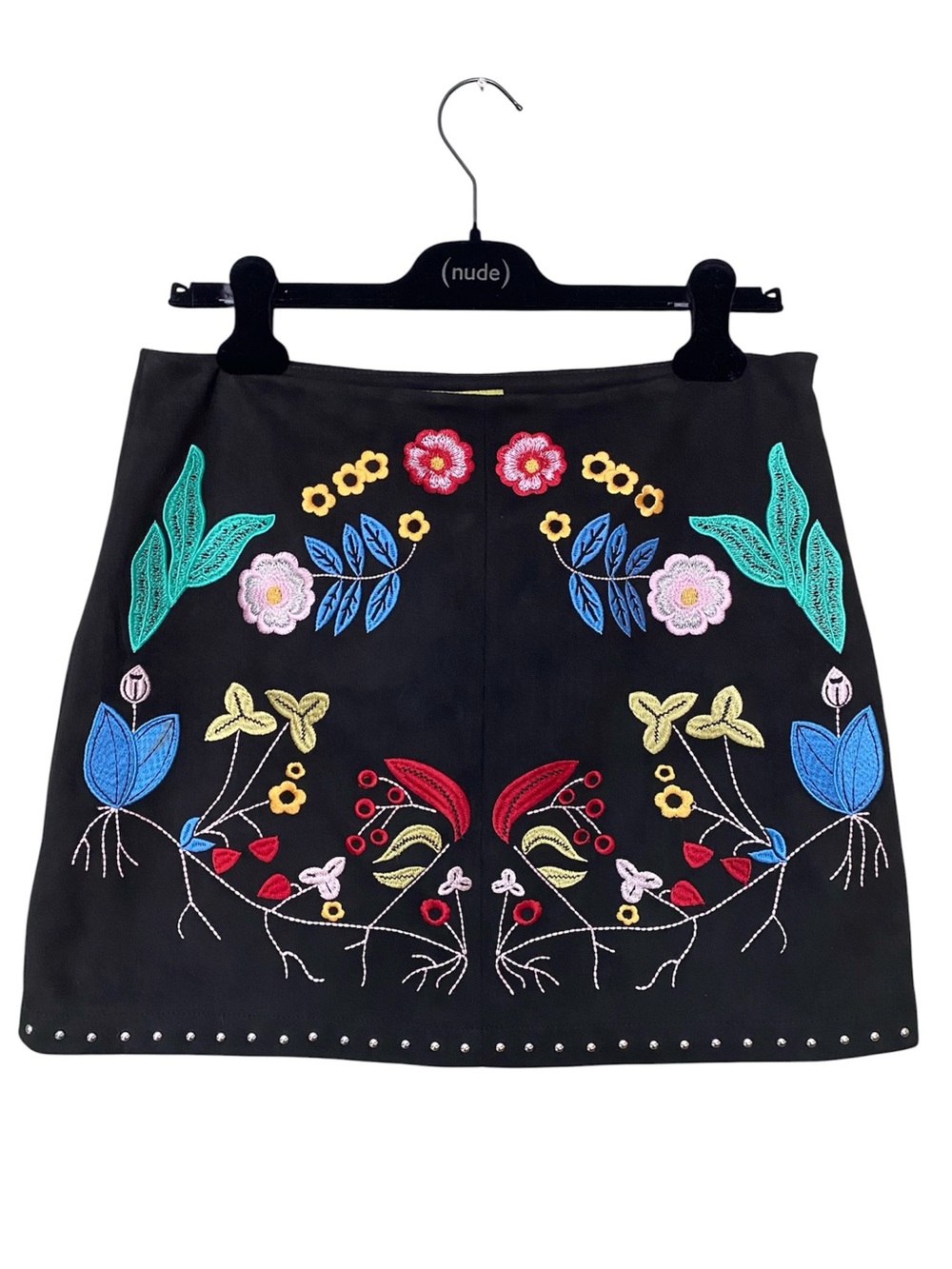 Embroidered Black Suede Like Mini Skirt with Multicolor Floral Motif